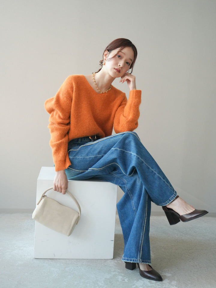 [SET]シュシュ付きアンゴラタッチVネックニットプルオーバー+サイドフリンジワイドデニムパンツ(2set)