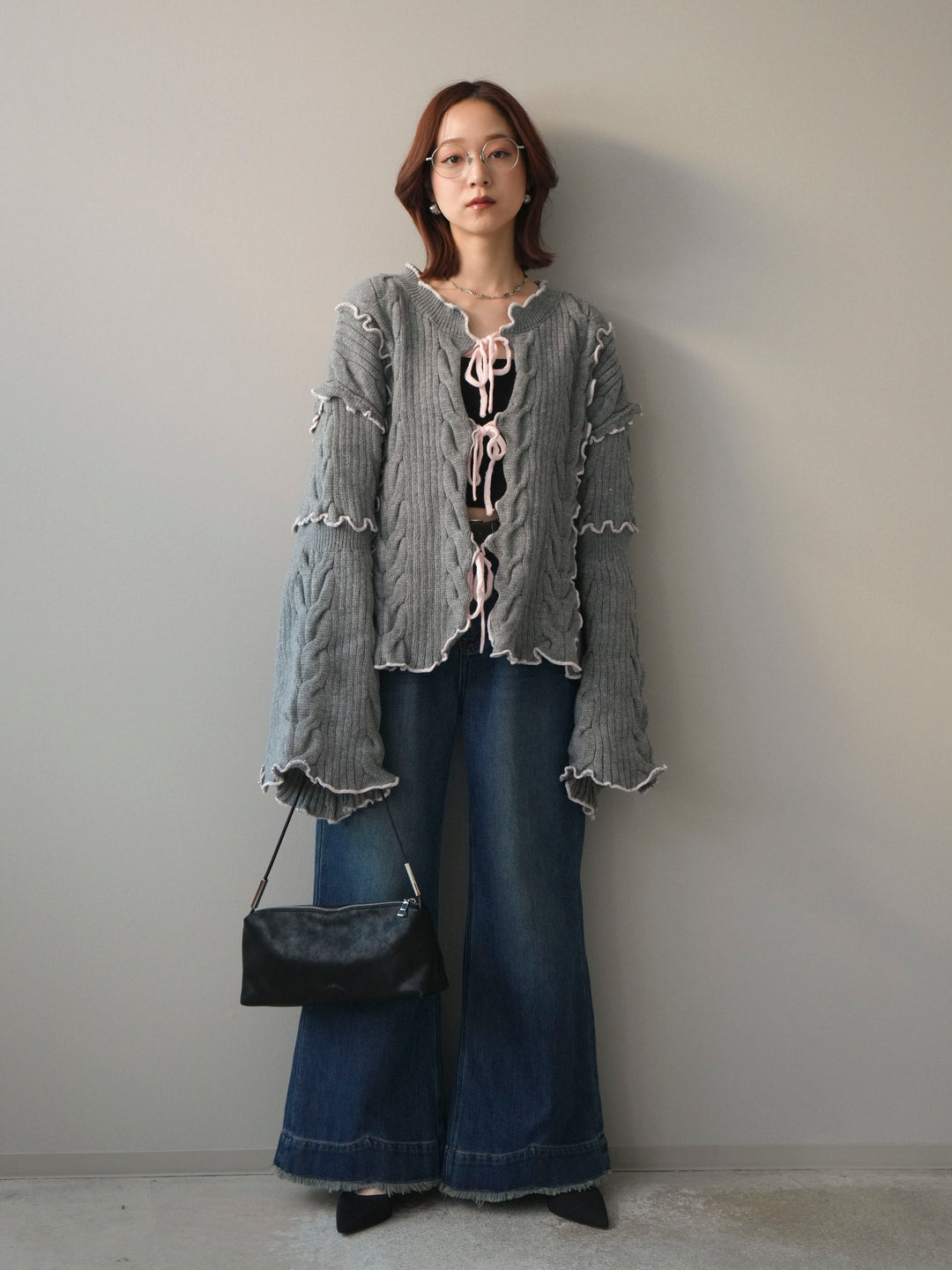 [SET]フロントリボン配色メローニットカーディガン+裏起毛裾フリンジワイドデニムパンツ(2set)
