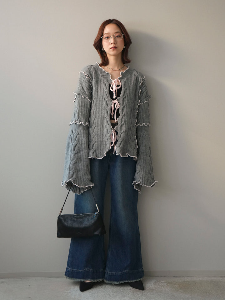 [SET]フロントリボン配色メローニットカーディガン+裏起毛裾フリンジワイドデニムパンツ(2set)