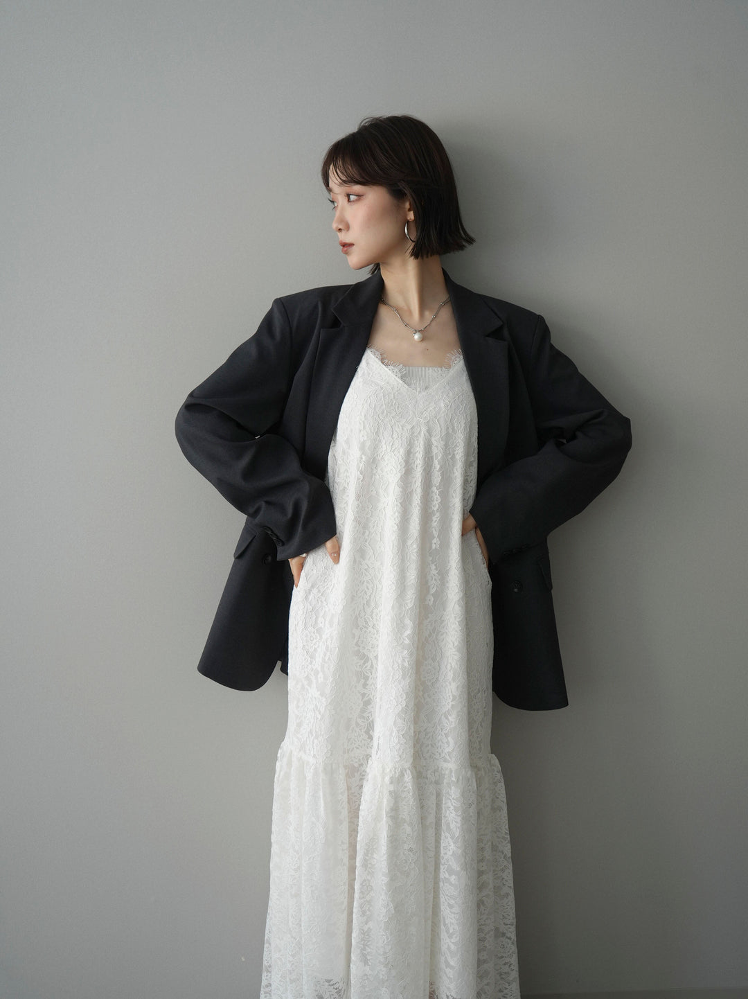 [SET]ギャザー切替レースキャミワンピース+ダブルブレストオーバージャケット(2set)