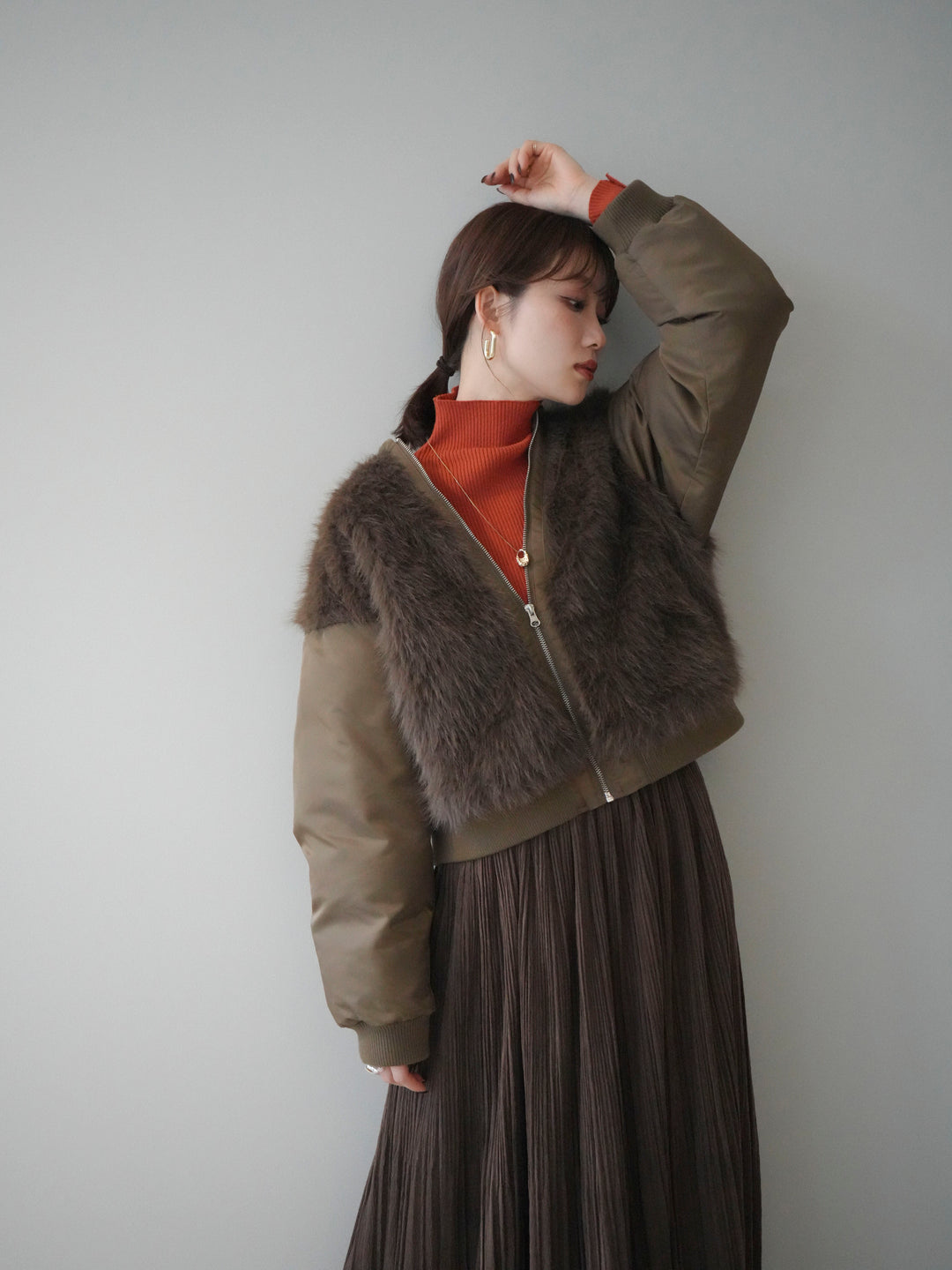 [SET]ファードッキングMA-1+裾レーススウェードプリーツマキシスカート(2set)