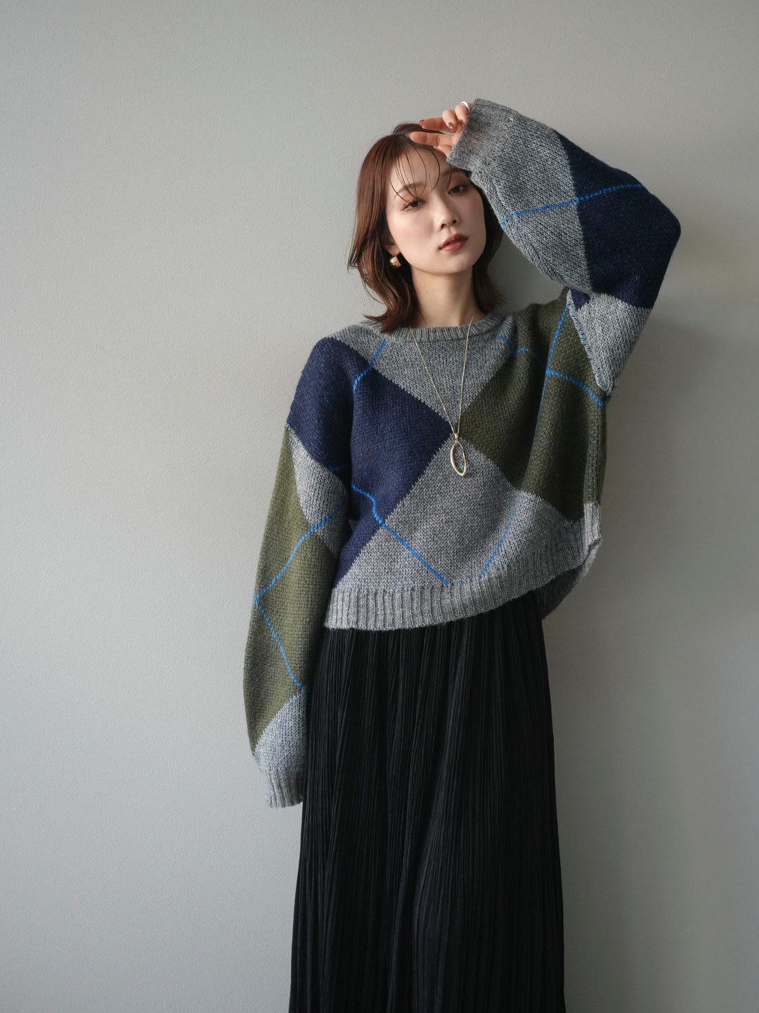 [予約]配色ステッチアーガイル柄ニットプルオーバー/gray