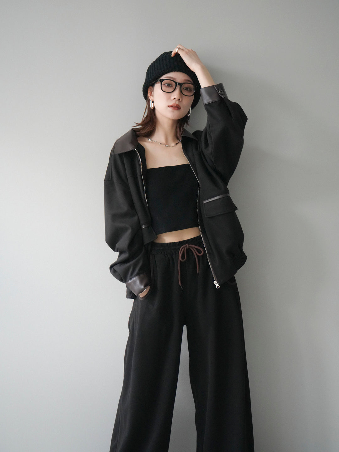 [予約]レザー襟配色パイピングブルゾン/black