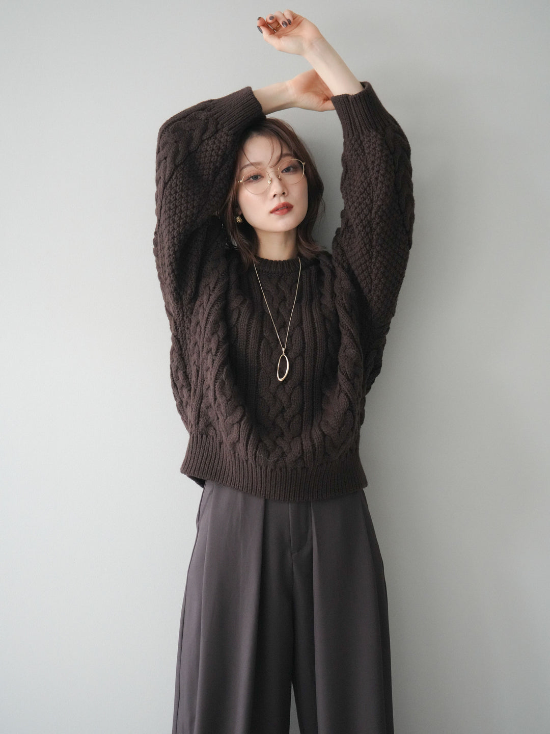[予約]ボリュームケーブルニットプルオーバー/brown