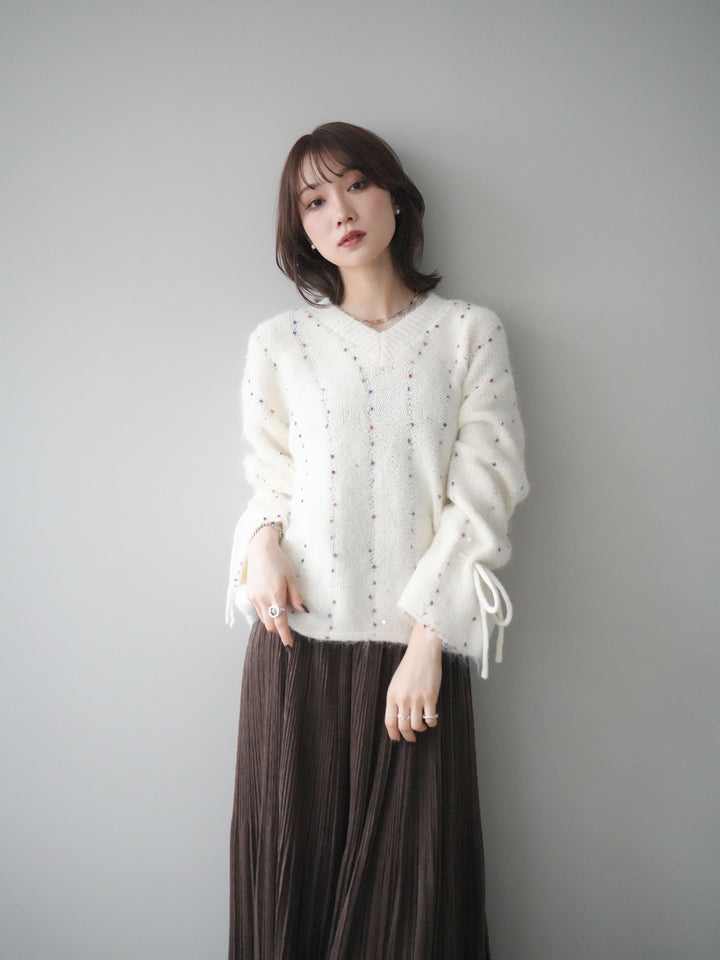 [予約]キャンディースリーブカラーネップスパンコールニットプルオーバー/white