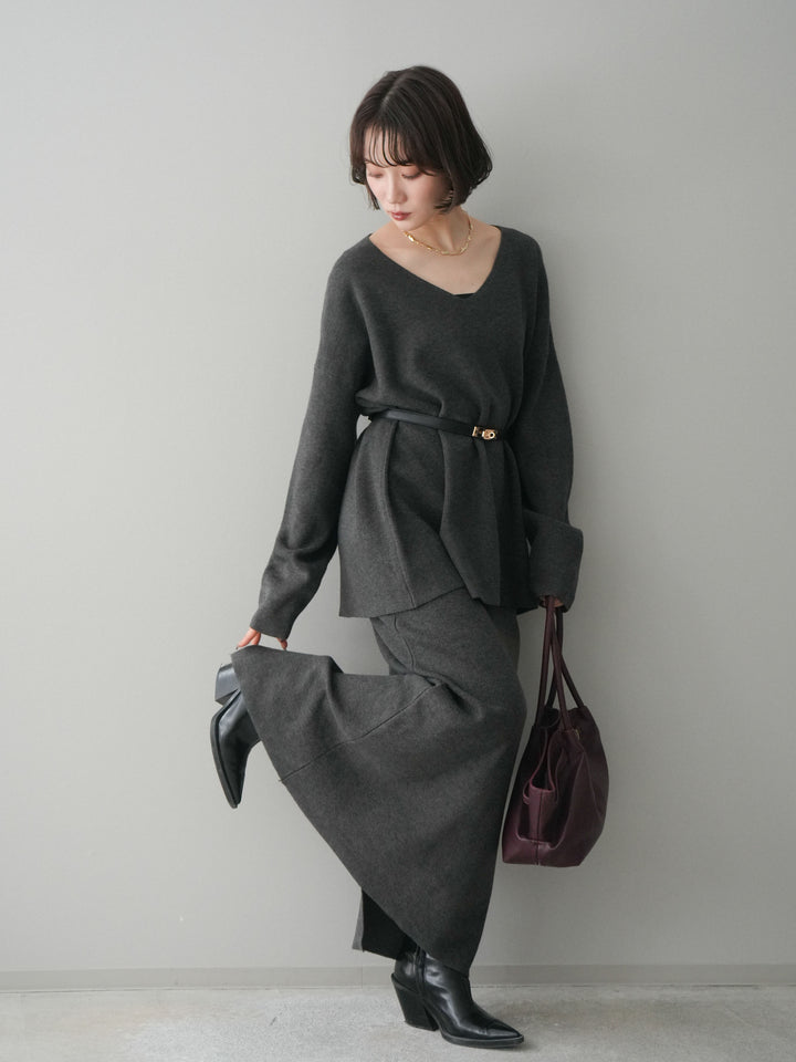 [SET]ベルト付Vネックニット＆スカートSET UP+ベルト付Vネックニット＆スカートSET UP(2set)