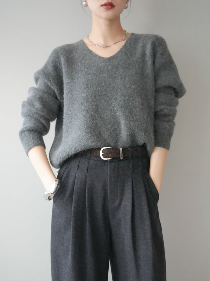 [予約]シュシュ付きアンゴラタッチVネックニットプルオーバー/gray