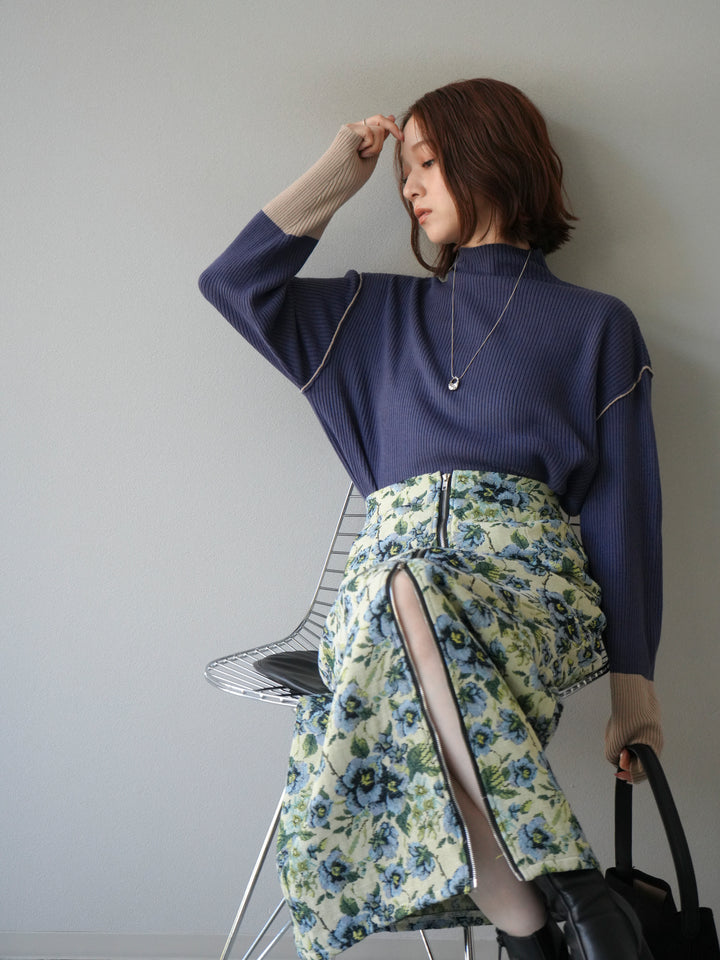 [予約]ボトルネック配色リブニットプルオーバー/アイアンブルー×ベージュ