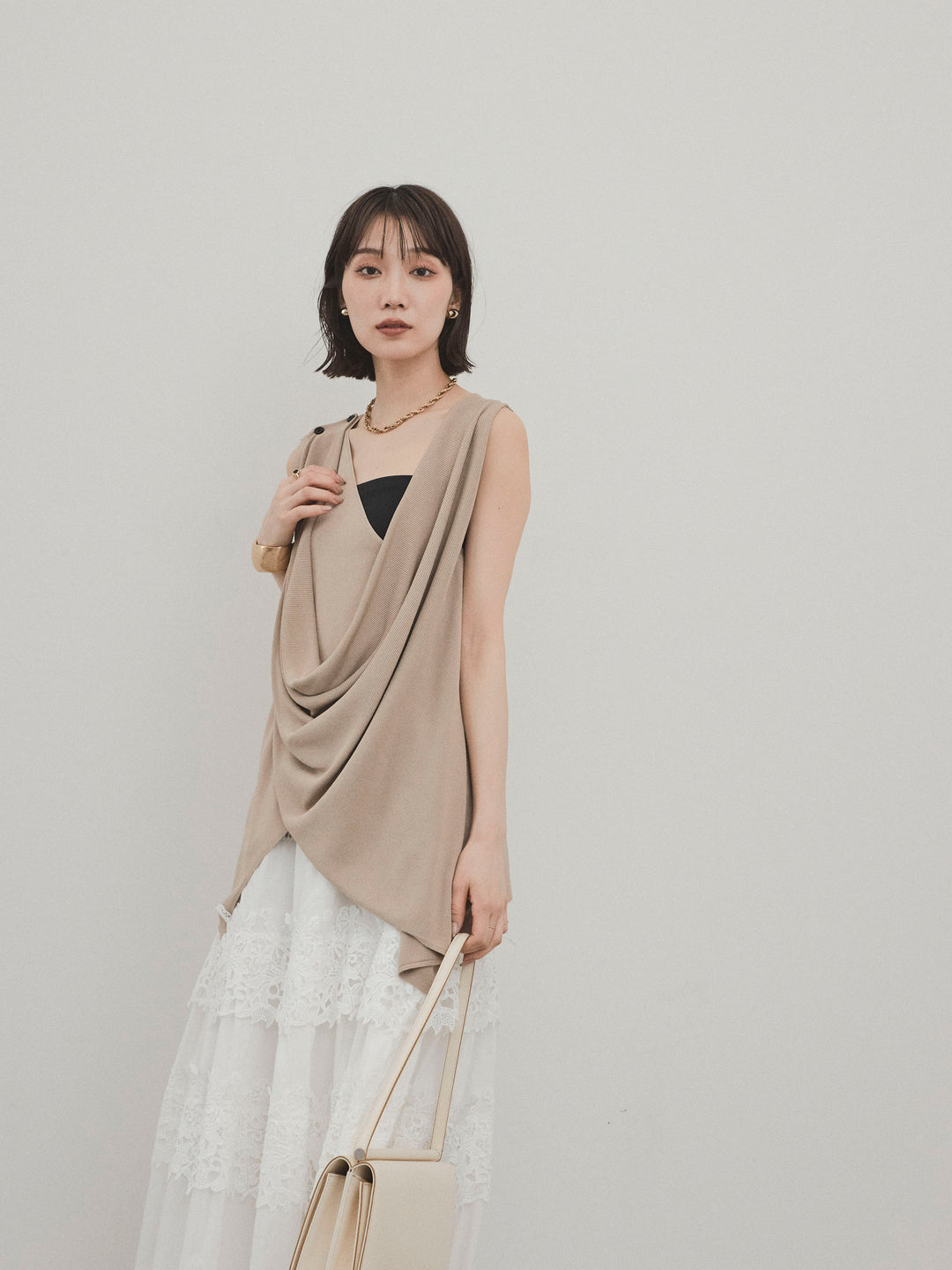 [SET]ドライタッチドレープニットプルオーバー+スカラップレースロングスカート(2set)