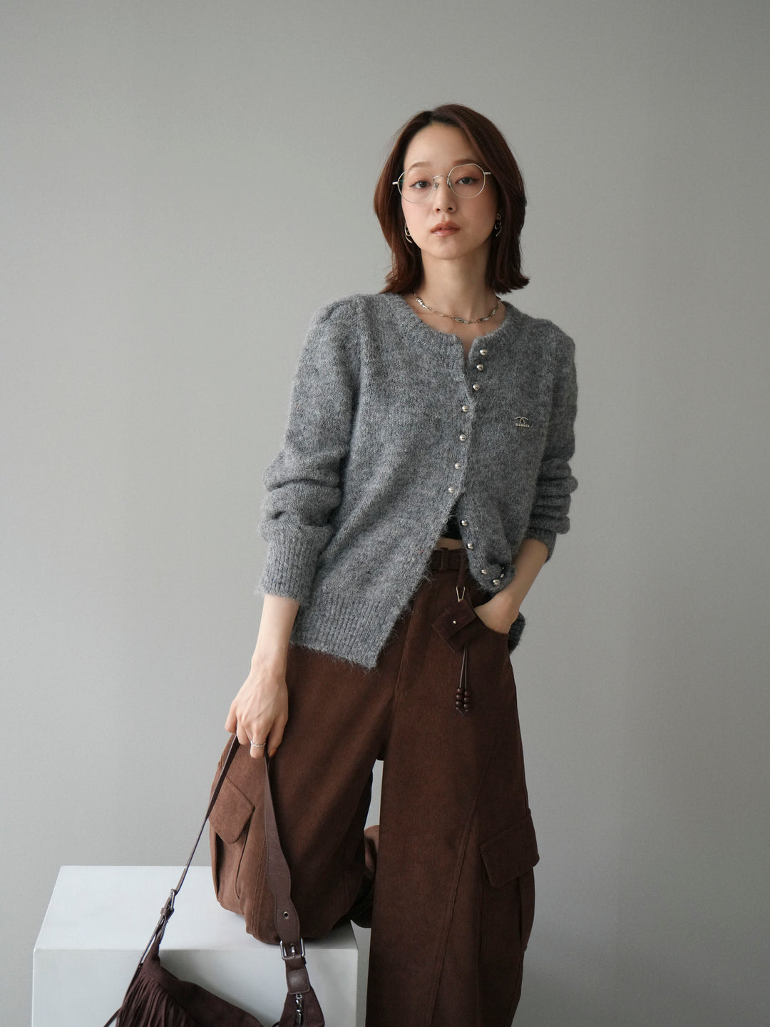 [SET]ブローチ付silverボタンミックスニットカーディガン+選べるアクセセット(2set)