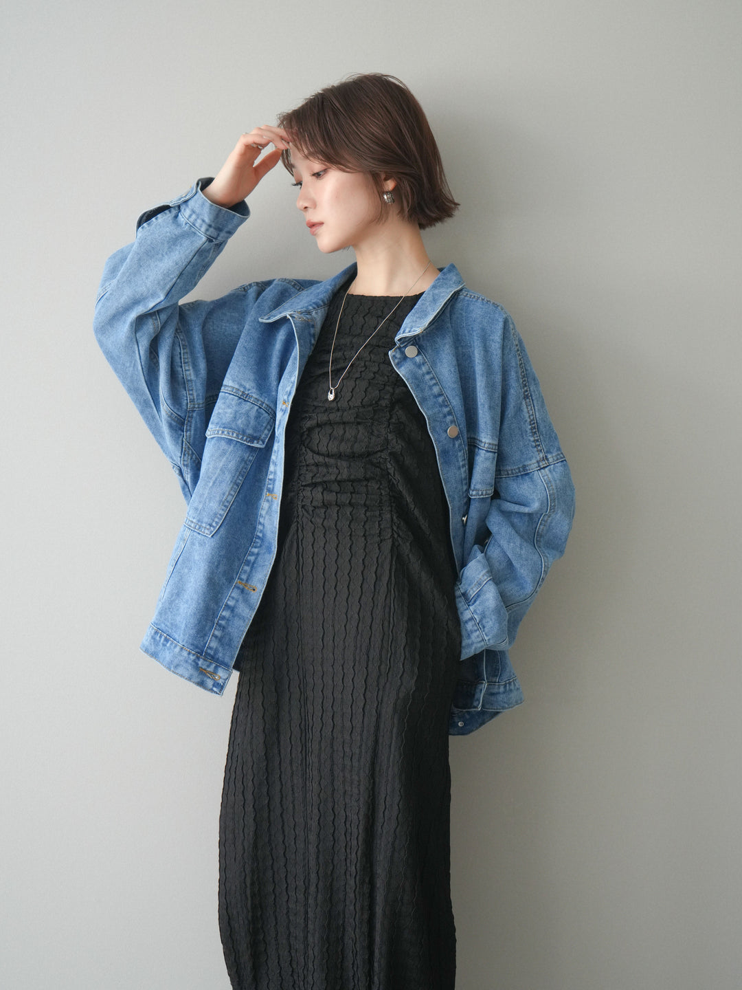 [予約]シャーリングジャガードノースリーブワンピース/black