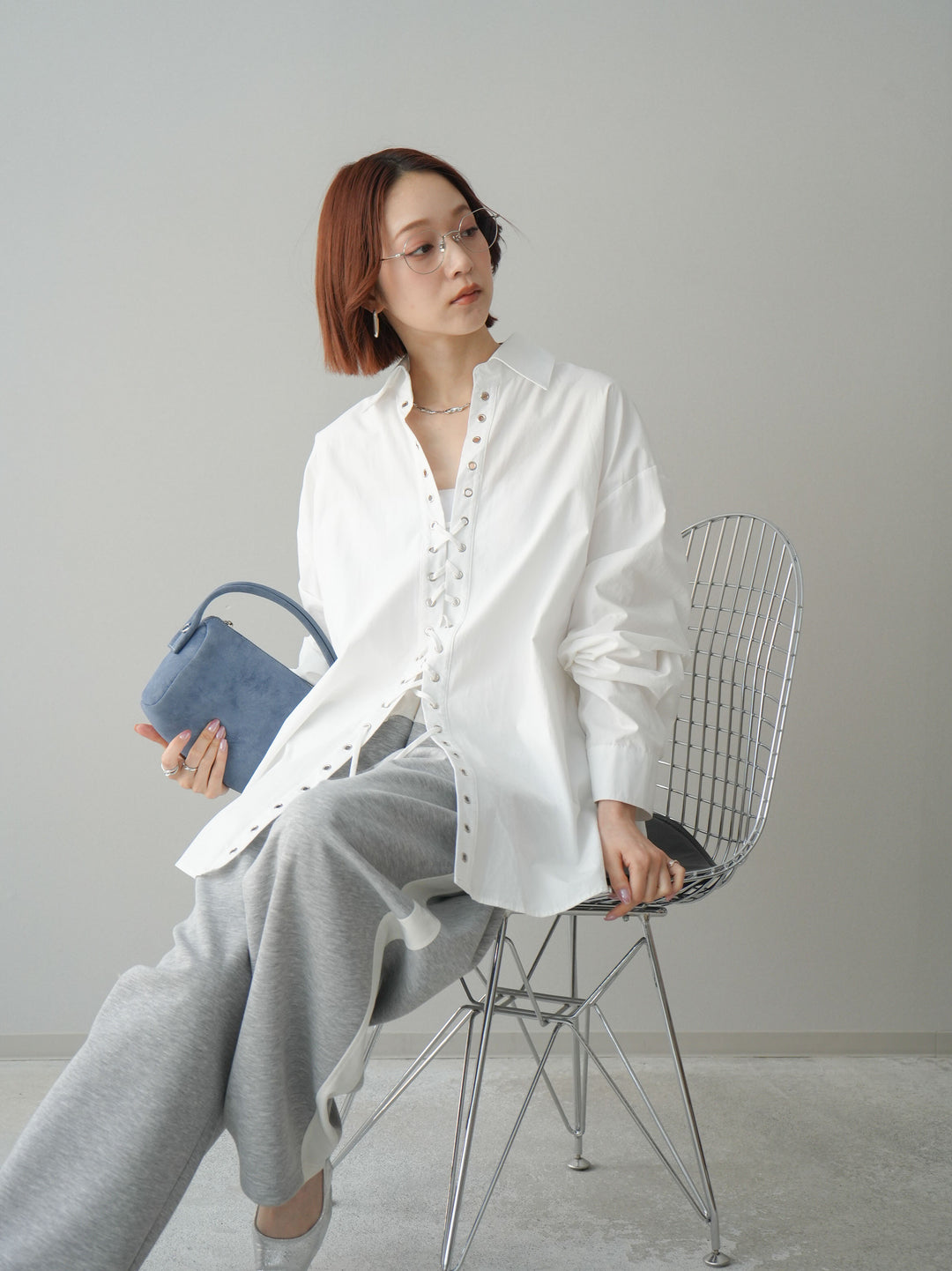 [SET]レースアップブロードシャツ+バイカラー異素材サイドラインライトポンチパンツ(2set)