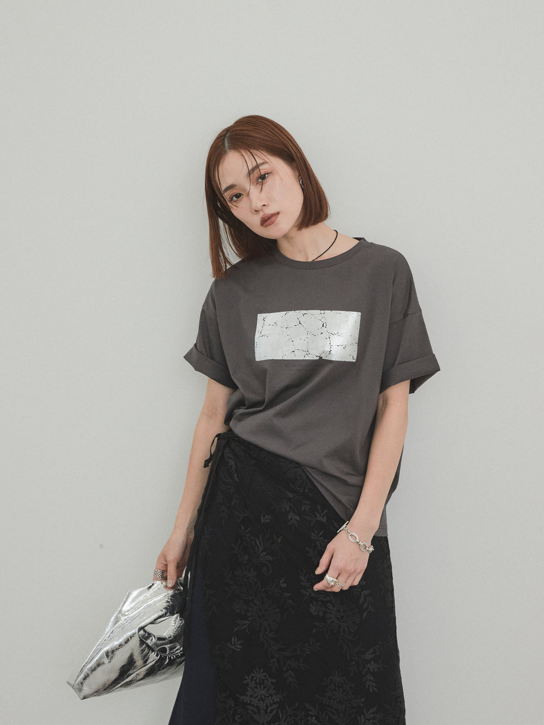 [SET]箔プリントドライタッチコットンTEE +チュールジャガードラップロングスカート(2set)