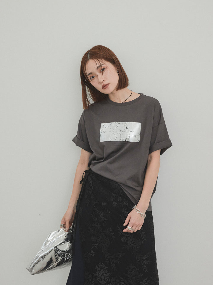 [SET]箔プリントドライタッチコットンTEE +チュールジャガードラップロングスカート(2set)