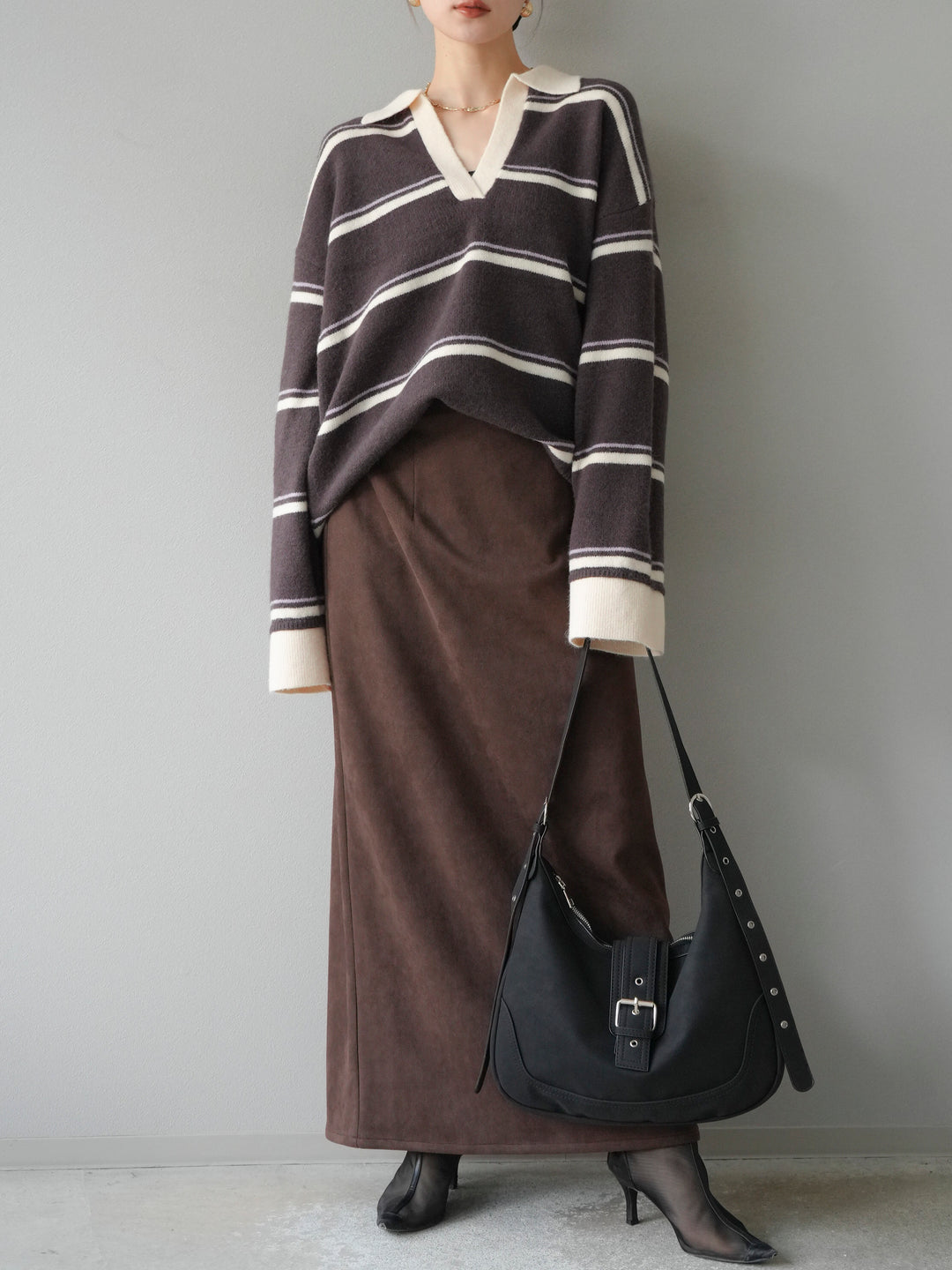 [予約]ポロ襟スキッパーボーダーニットプルオーバー/ブラウン