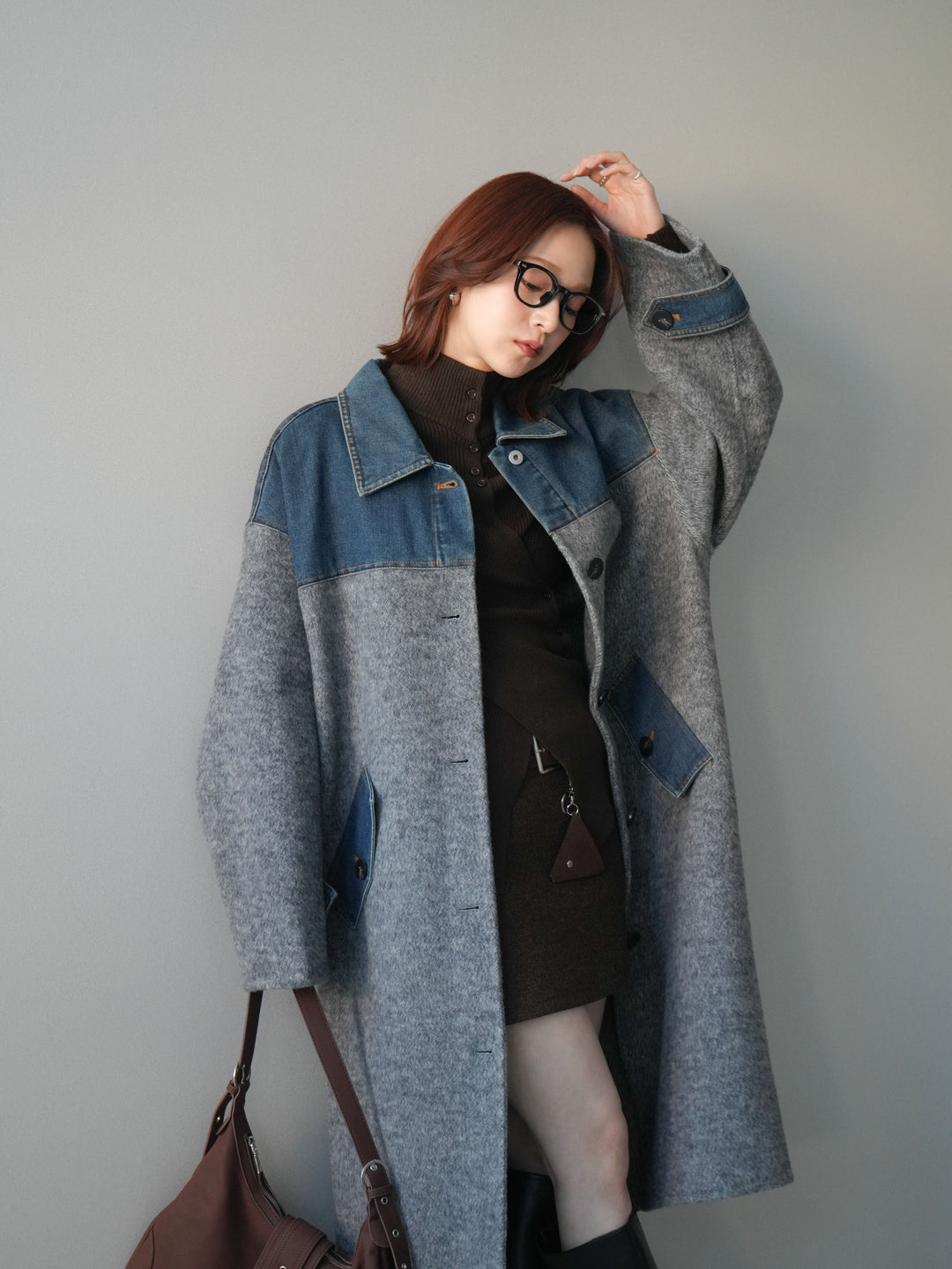 [SET]デニム切替シャギーステンカラーコート+ウールタッチベルト付ミニスカート(2set)