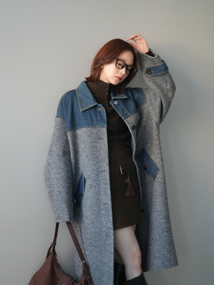 [SET]デニム切替シャギーステンカラーコート+ウールタッチベルト付ミニスカート(2set)