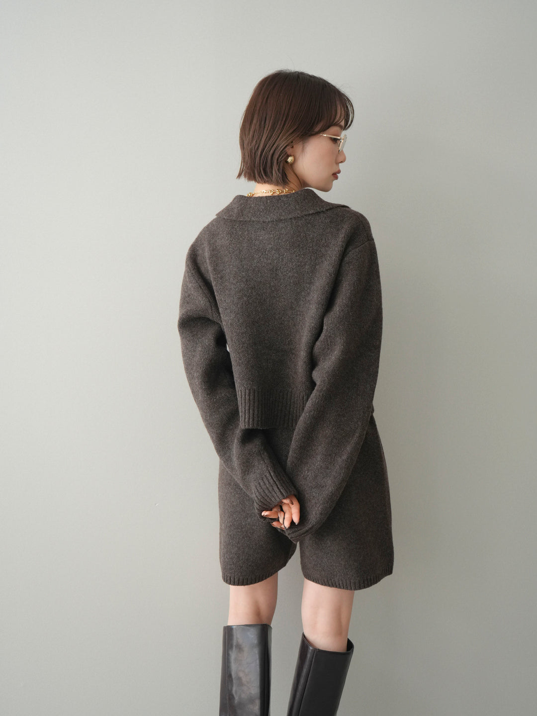 [予約]メランジニット襟付きクロップドカーディガン/brown