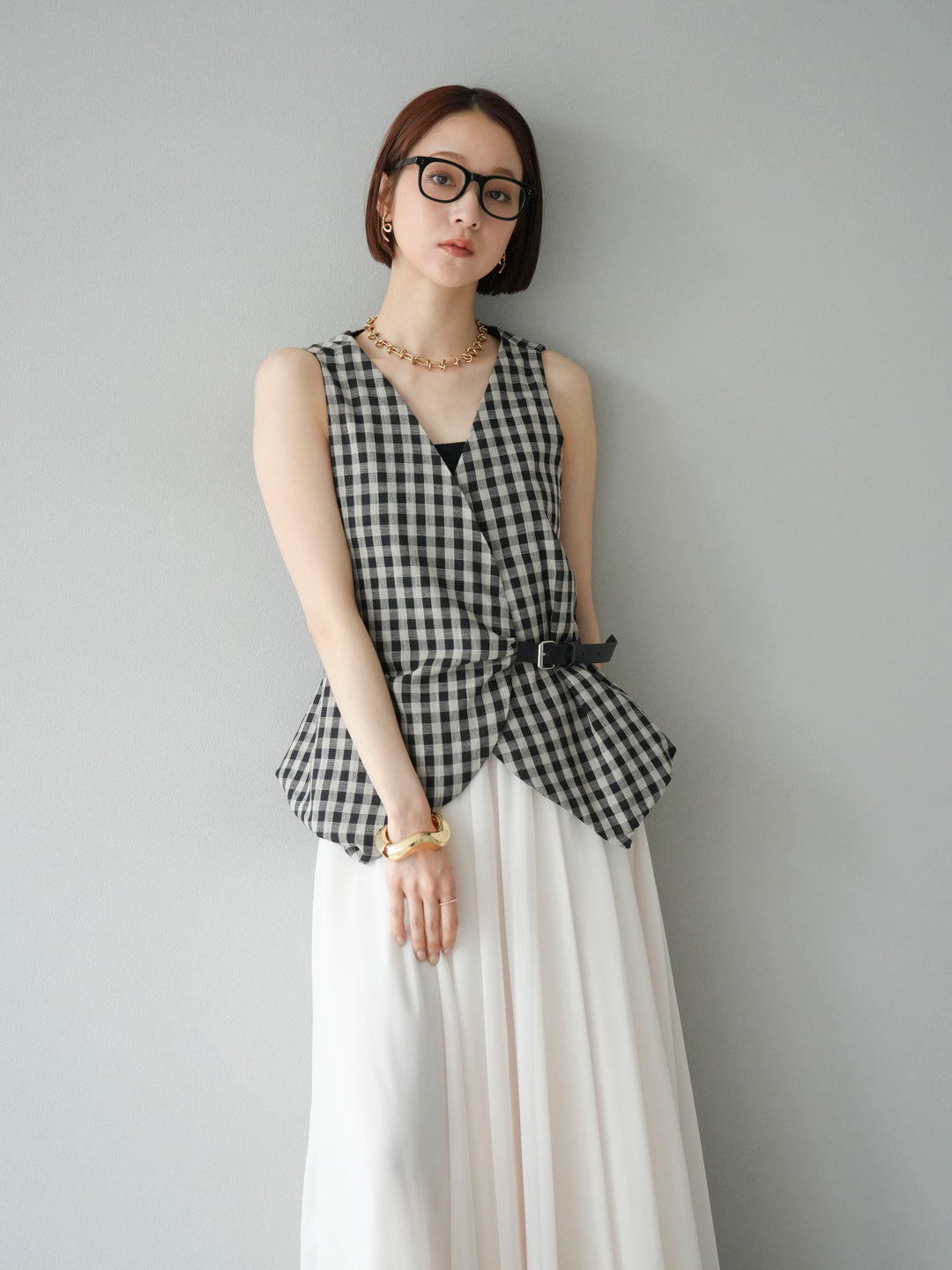 [SET]ベルトデザインバルーンブラウス+シフォンフレアスカート(2set)