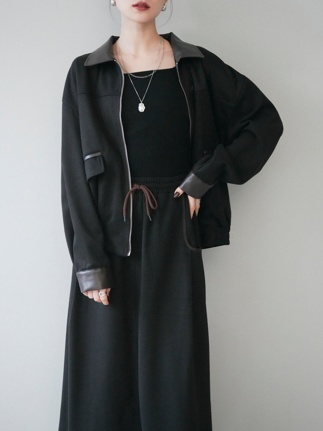 [予約]レザー襟配色パイピングブルゾン/black