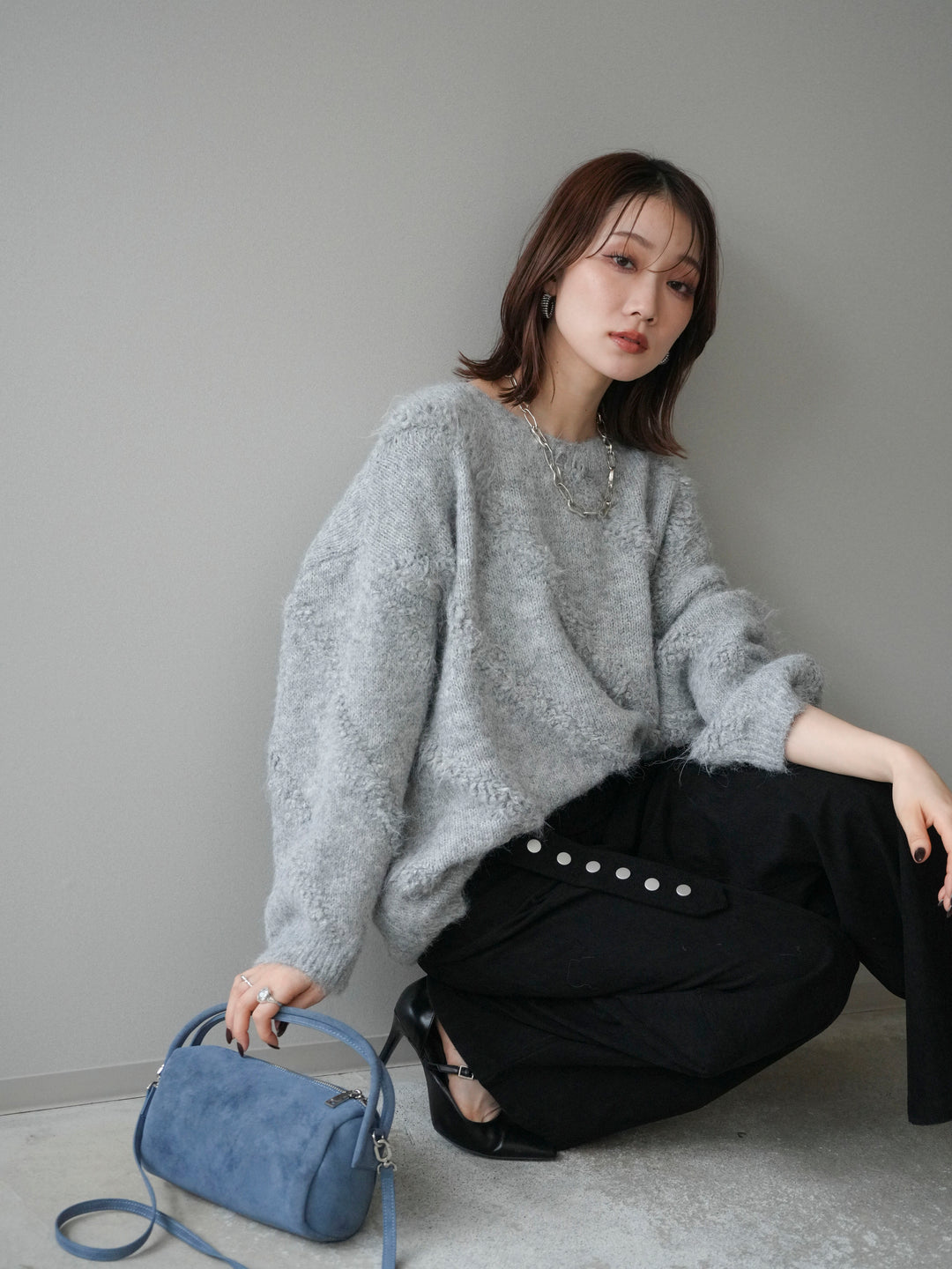 [予約]ブークレラインデザインニットプルオーバー/gray