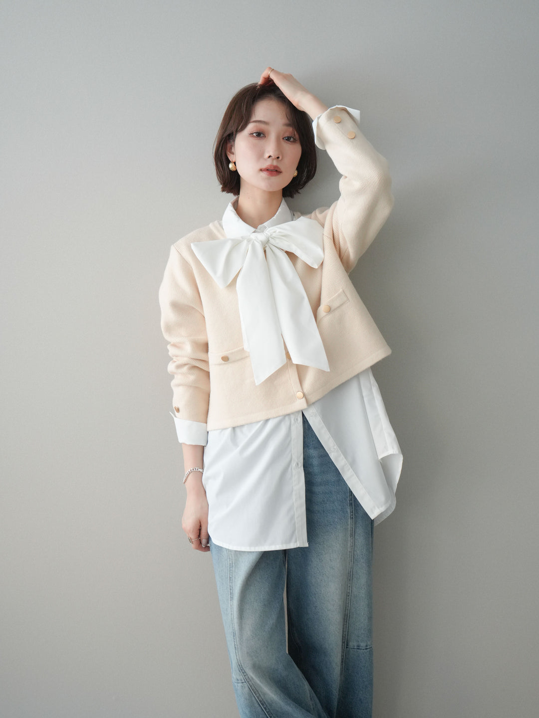 [SET]ゴールドボタンノーカラーニットジャケット+ゴールドボタンノーカラーニットジャケット(2set)