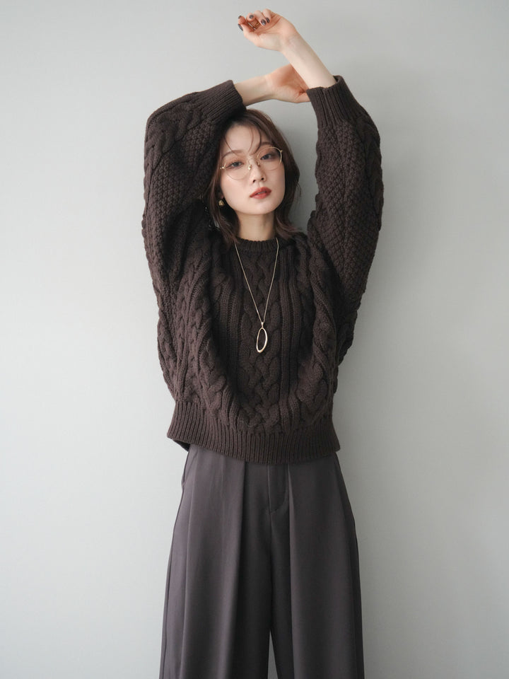 [SET]ボリュームケーブルニットプルオーバー+ベルトループデザインワイドパンツ(2set)