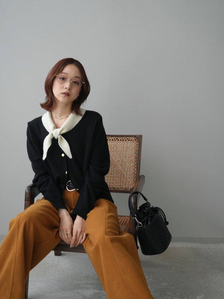 [SET]デザイン襟ニットカーディガン+ベルト付起毛コクーンパンツ(2set)