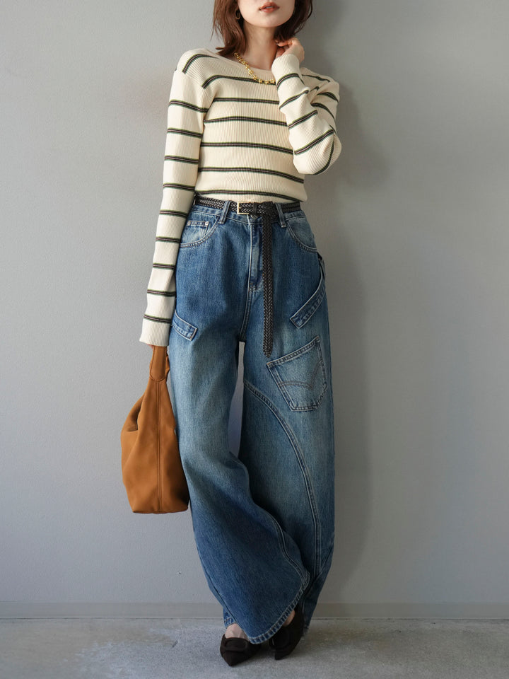 [予約]バックオープンボーダーテレコリブトップス/アイボリー