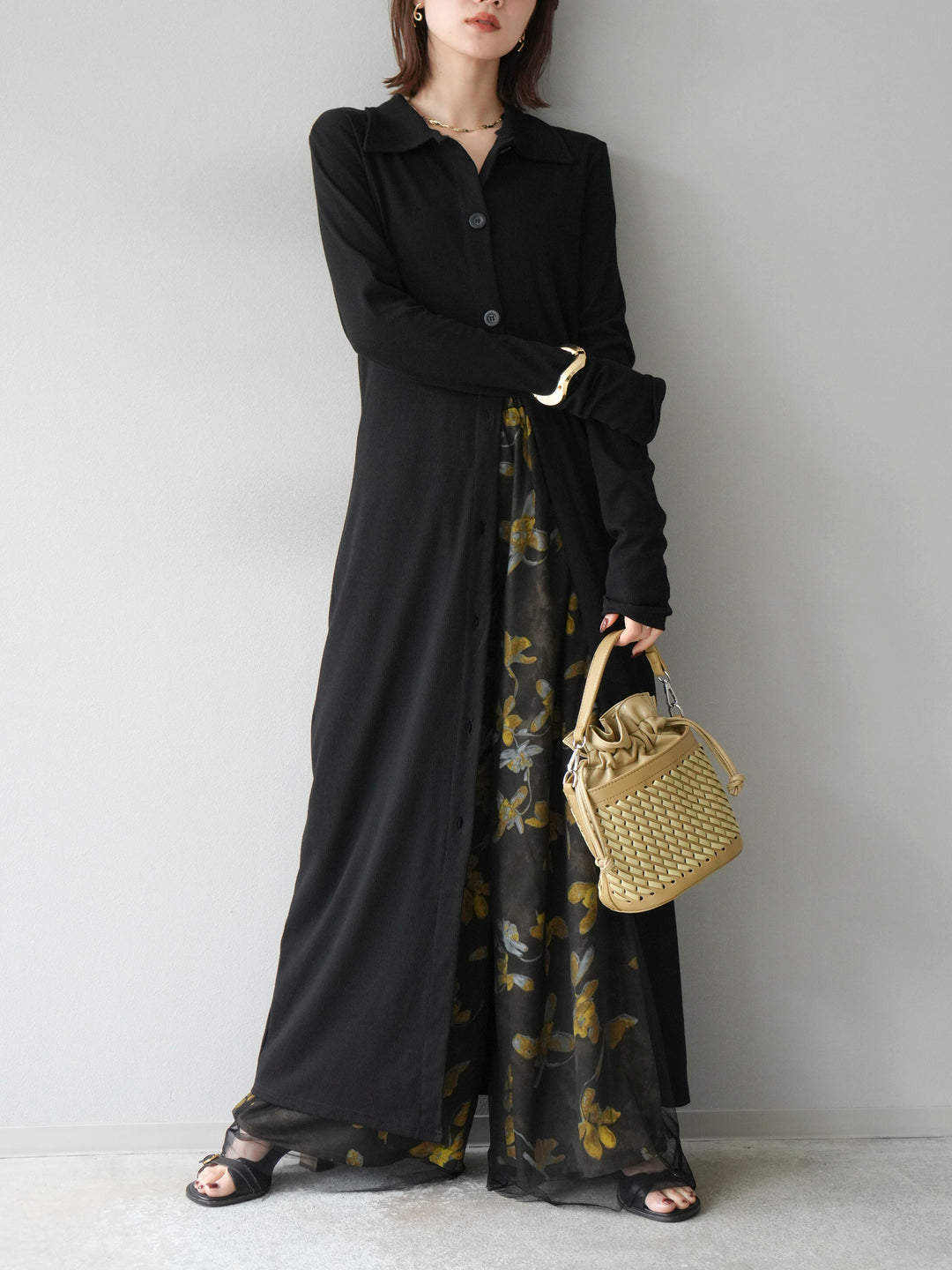 [SET]襟付きカットリブボタンワンピース+フラワープリントチュールレイヤードパンツ(2set)