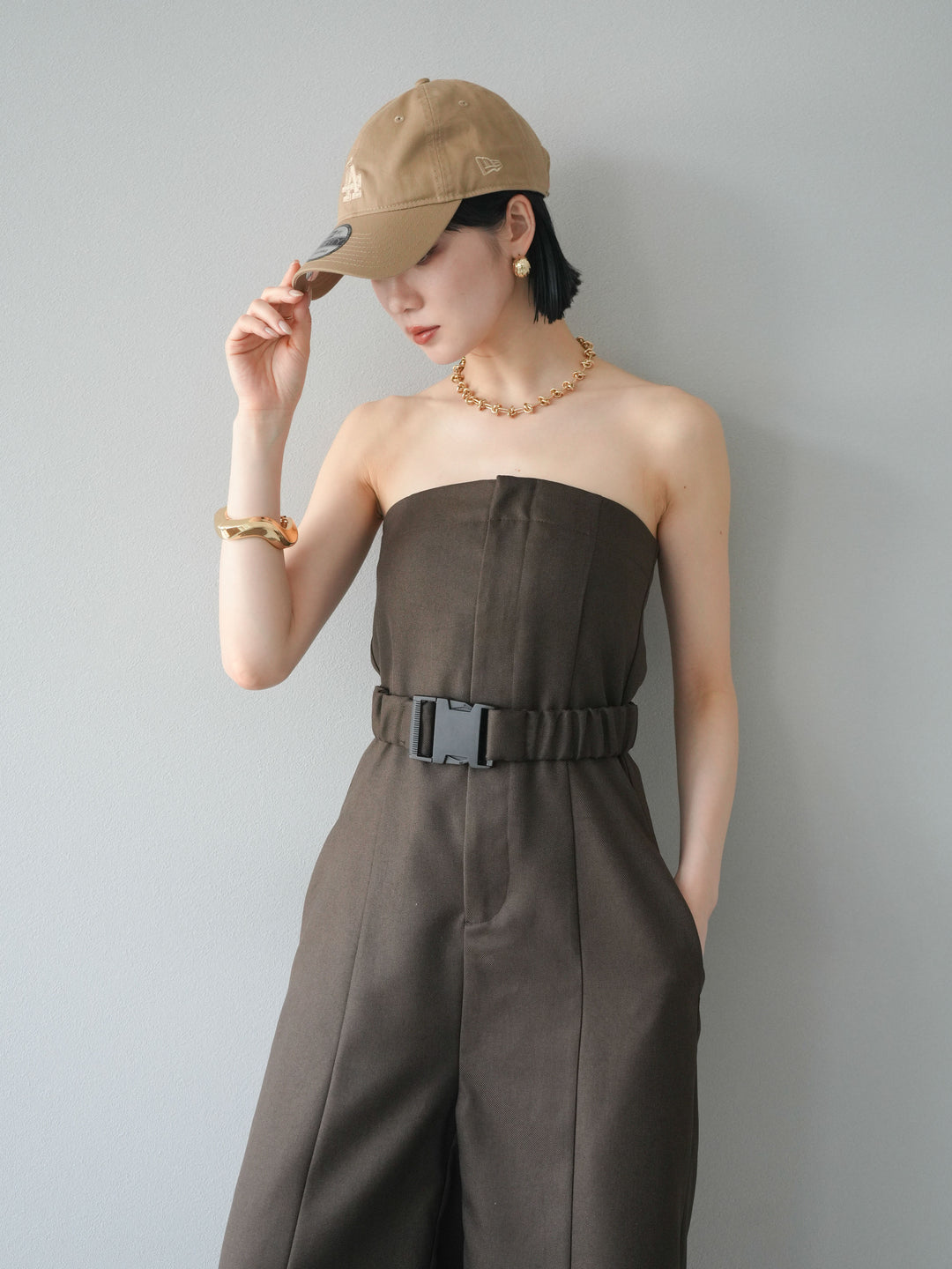 【預購】混色斜紋腰帶熊圖案工裝褲/棕色