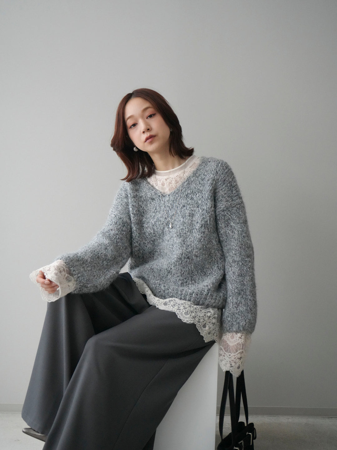 [SET]Vネックミックスヤーンニットプルオーバー+チュールレーストップス(2set)