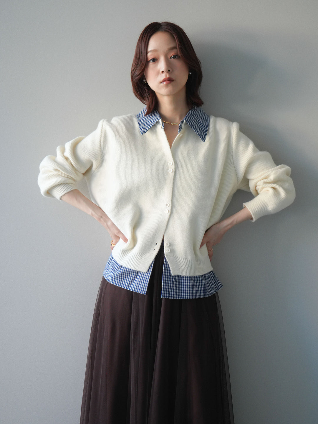 [SET]チェックシャツ襟ニットカーディガン+チュールボリュームスカート(2set)