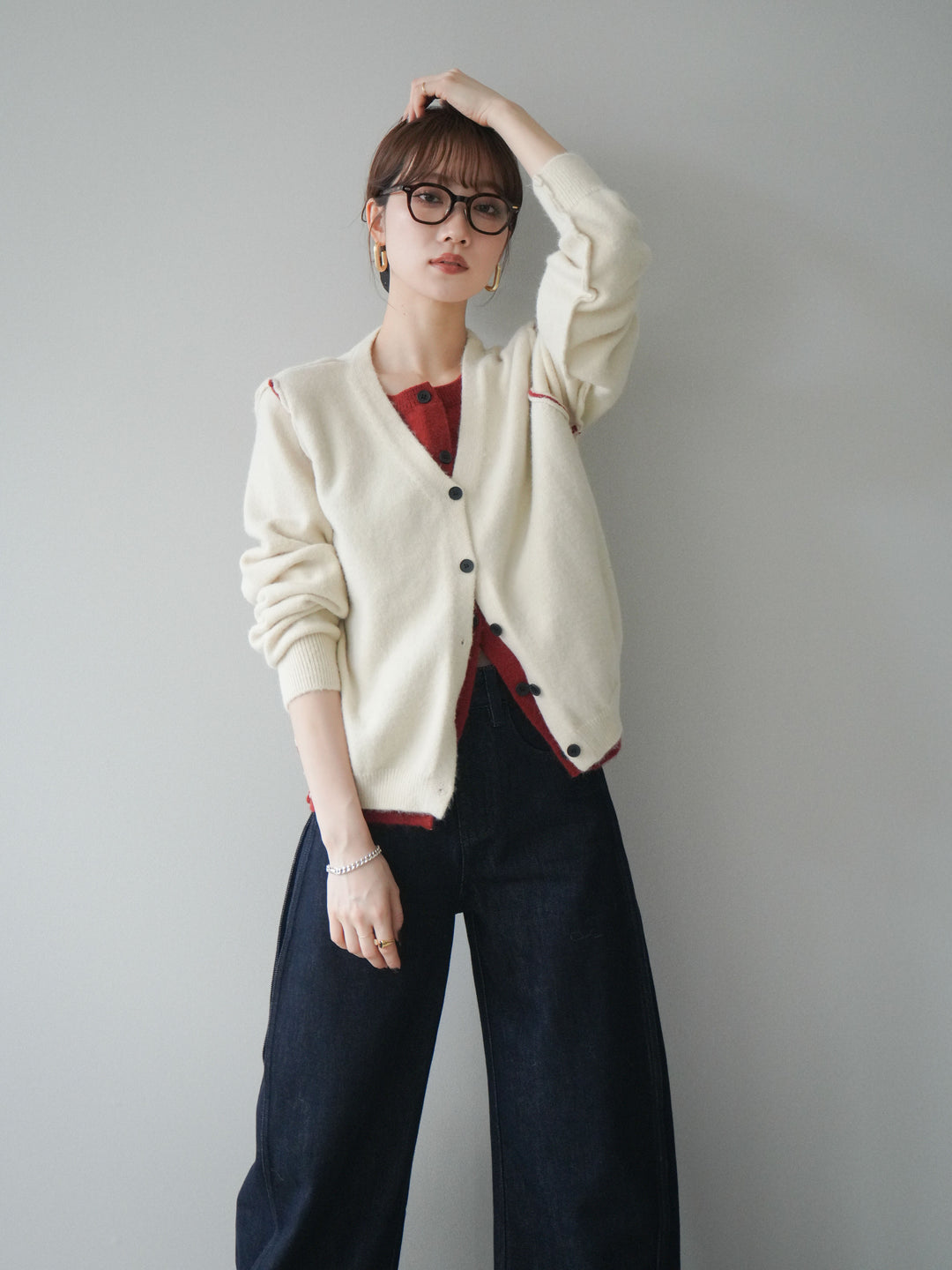 [SET]配色レイヤードニットカーディガン+選べるアクセセット(2set)