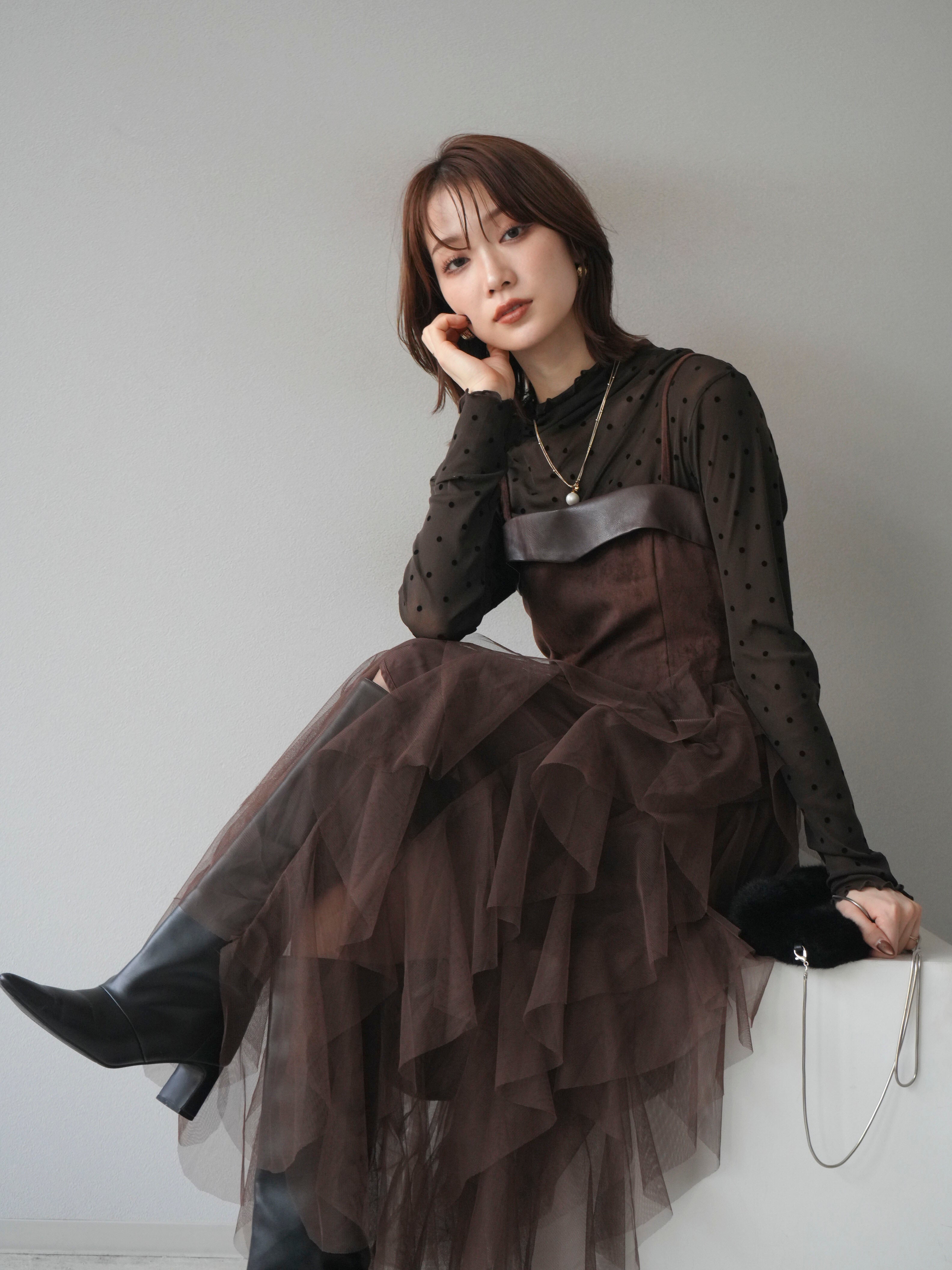 予約]レザー切替チュールラッフルワンピース/brown – Lumier