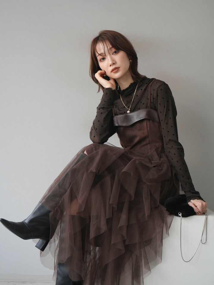 [予約]レザー切替チュールラッフルワンピース/brown