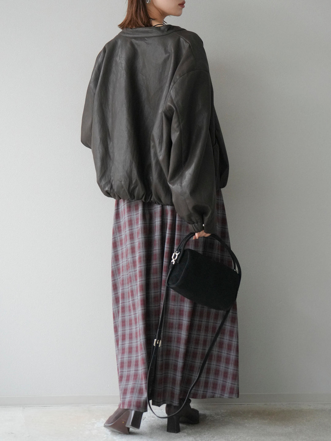 [予約]チェックタックフレアロングスカート/ ボルドー