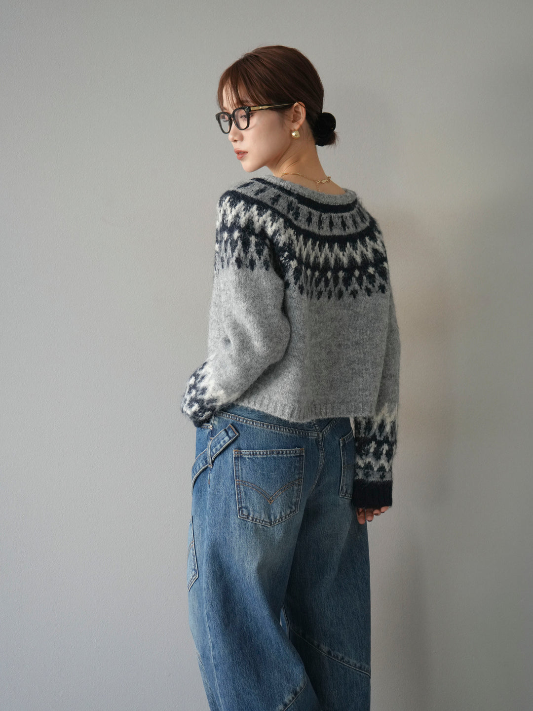 【着回しセット】[SET]求心柄クロップドニットカーディガン+ミックスヤーンペイズリー柄ニットカーディガン+ペインターカーブデニムパンツ(3set)