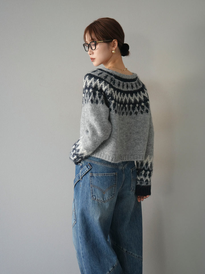 【着回しセット】[SET]求心柄クロップドニットカーディガン+ミックスヤーンペイズリー柄ニットカーディガン+ペインターカーブデニムパンツ(3set)