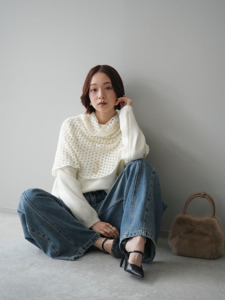 [予約]メッシュケープアンサンブルニットプルオーバー/white