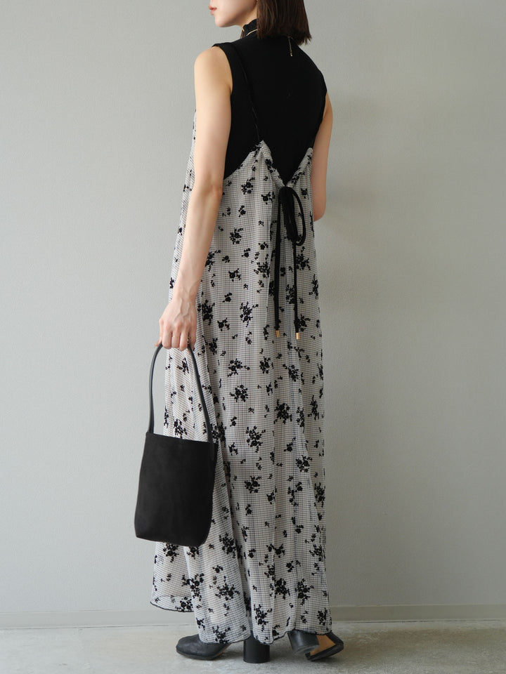 [SET]フロッキーチュールレイヤードベロアキャミワンピース+プチネックセンターシームノースリーニットトップス(2set)