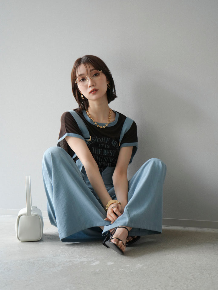 [SET]ストリングデザインハイウエストサロペット+シアーフライス ロゴプリントT (2set)