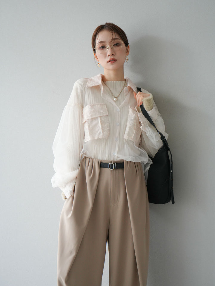 [SET]フリンジジャガード×チュールレイヤードシャツ+アームシャギーランダムリブニットトップス+ベルト付タックワイドパンツ(3set)