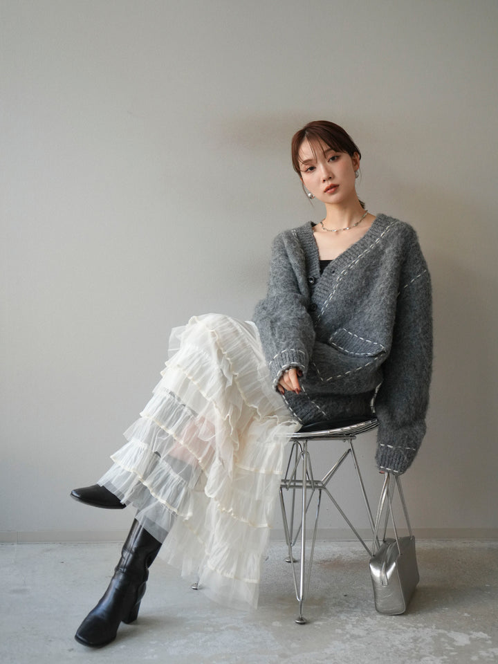 [予約]ステッチVネックニットカーディガン/グレー