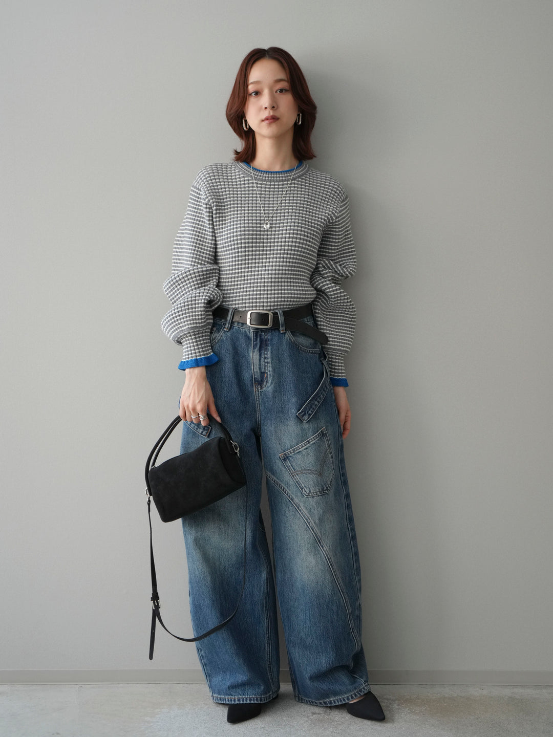 [SET]ラメ異素材ボーダーリブニットプルオーバー+ペインターカーブデニムパンツ(2set)