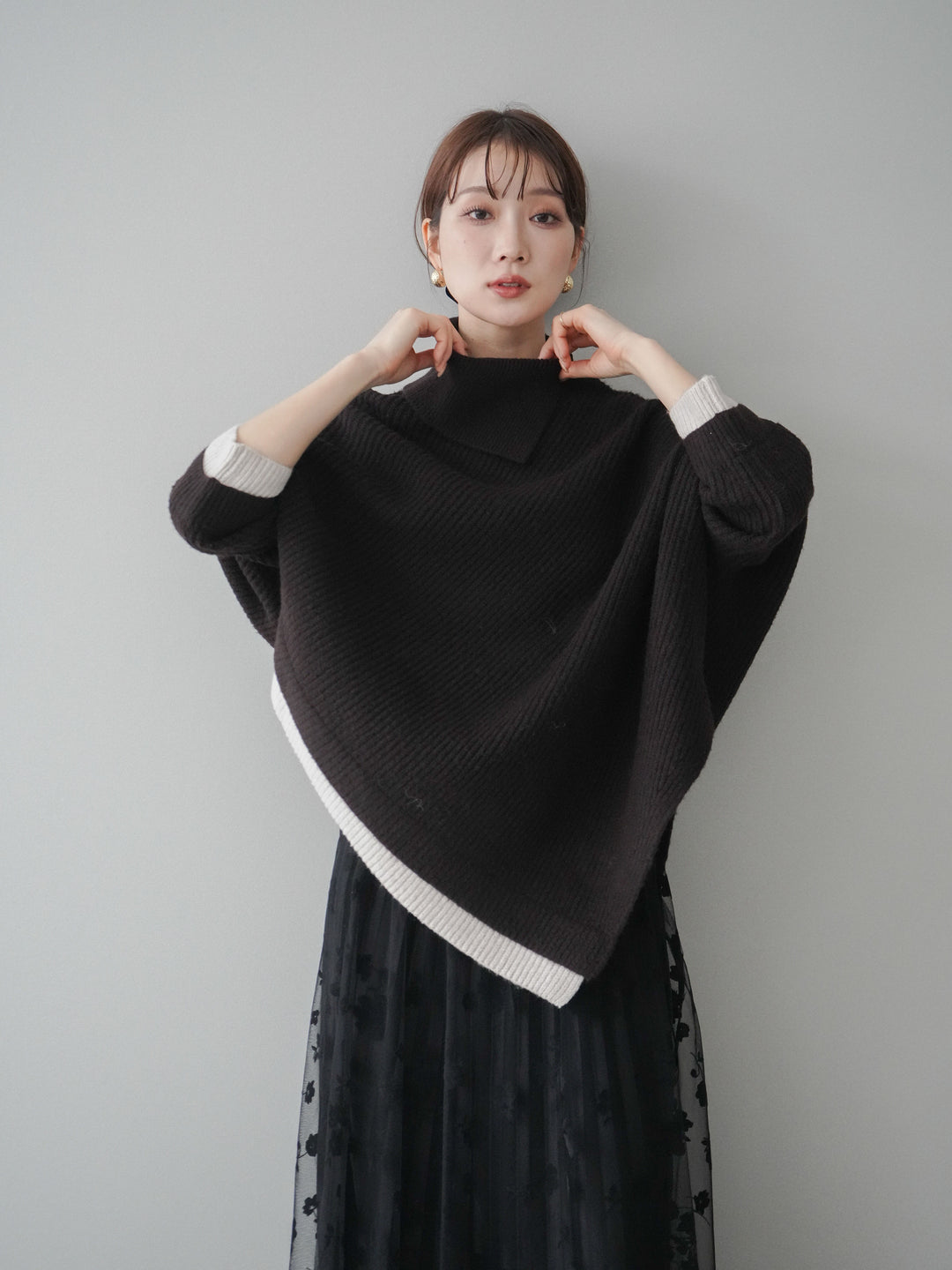[予約]配色アシンメトリードルマンニットプルオーバー/brown