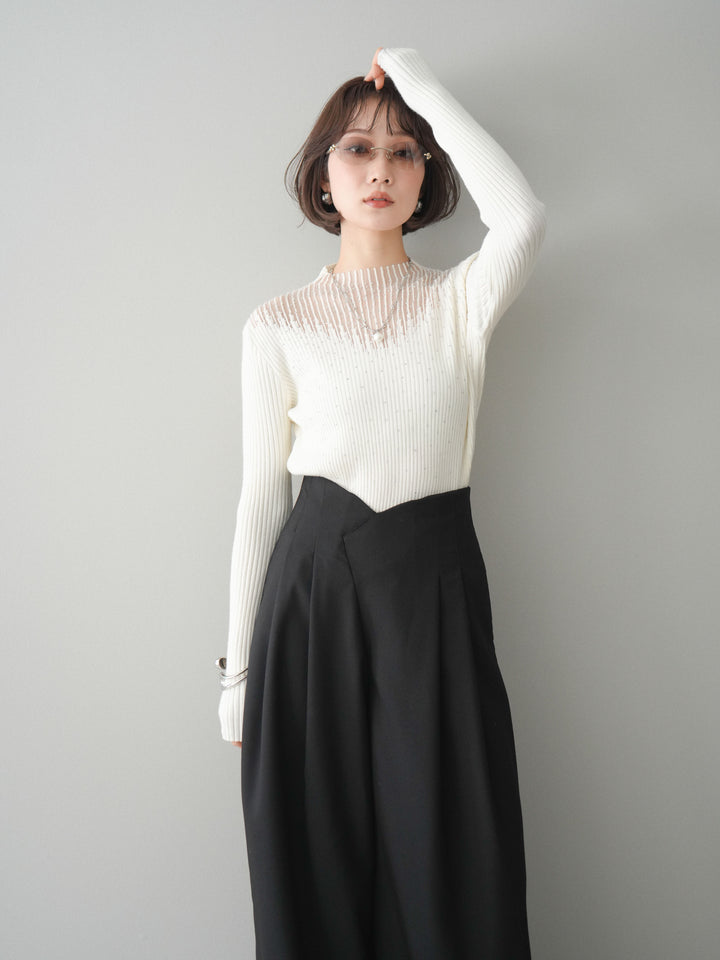[予約]シアー切替スパンコールリブニットトップス/ivory