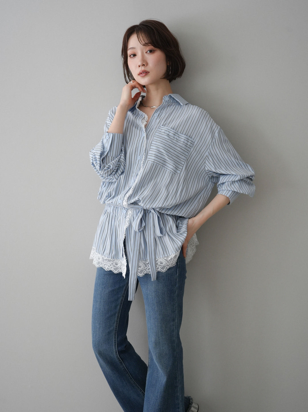[SET]レース付ストライプウエストギャザーシャツ+フリンジデザインセミフレアデニム(2set)