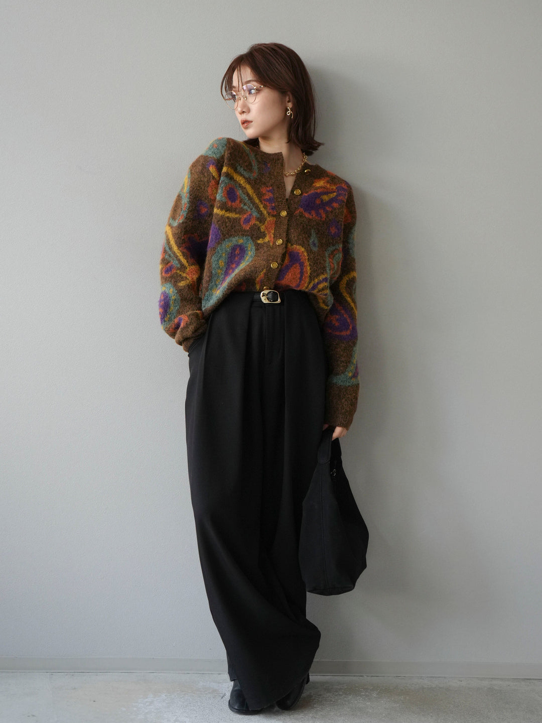 [SET]ミックスヤーンペイズリー柄ニットカーディガン+ベルトループデザインワイドパンツ(2set)