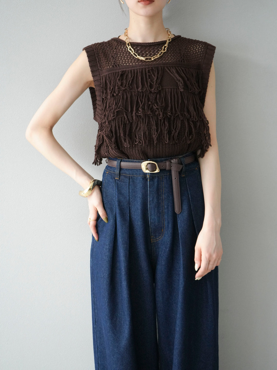 【預購】鏤空流蘇針織上衣/棕色